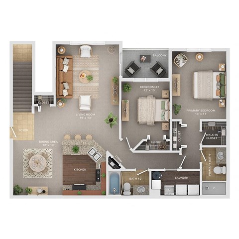Floor plan for 2 beds, 2 baths, 1355 sqft